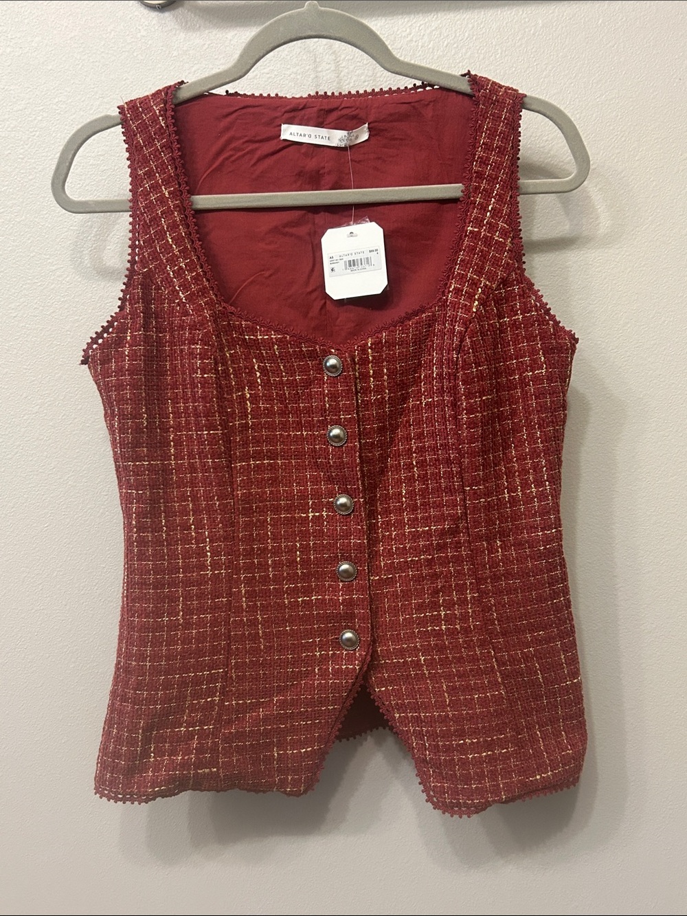 Altar'd State Red Tweed Button-Front Sleeveless Top